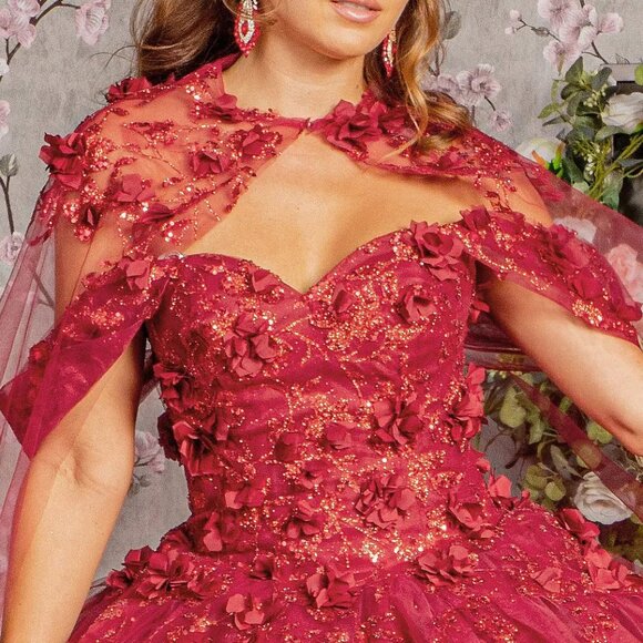 New Maxi Sleeveless Mesh Dress w/ Floral Applique & Removable Cape  GL3179 - Picture 8 of 11